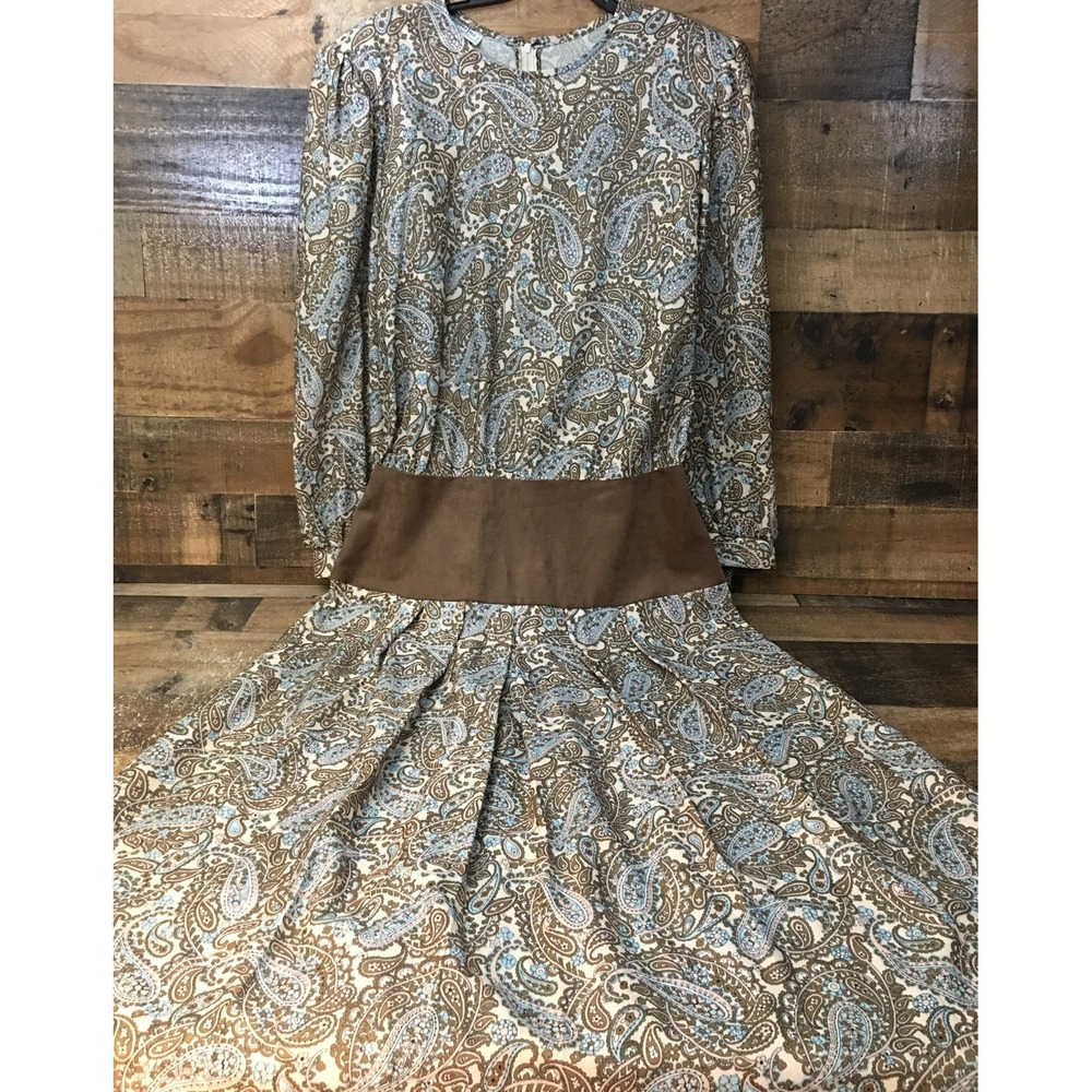 VTG Maxi Dress Paisley Pleated Medium Fairycore Granny Retro Secretary MODEST